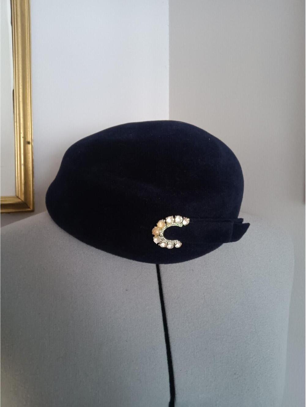 Grace's Genuine Velour Vintage Hat Size Medium Navy Blue Hat With Diamond Detail